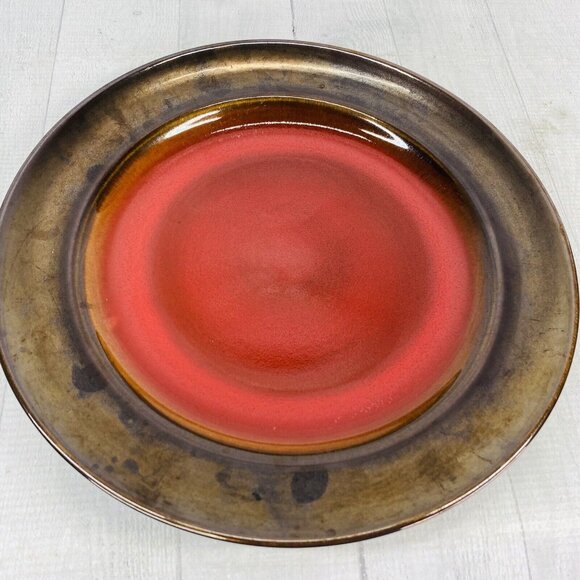 Over and Back Crackled Design Red Bronze Rim Round Ceramic Dinner Plates Set 4 - Picture 6 of 16
